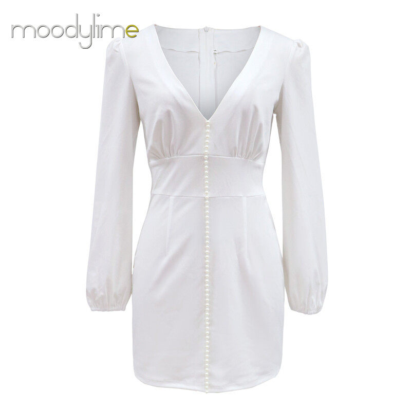 Solid V neck Lantern Sleeves Mini  Dress