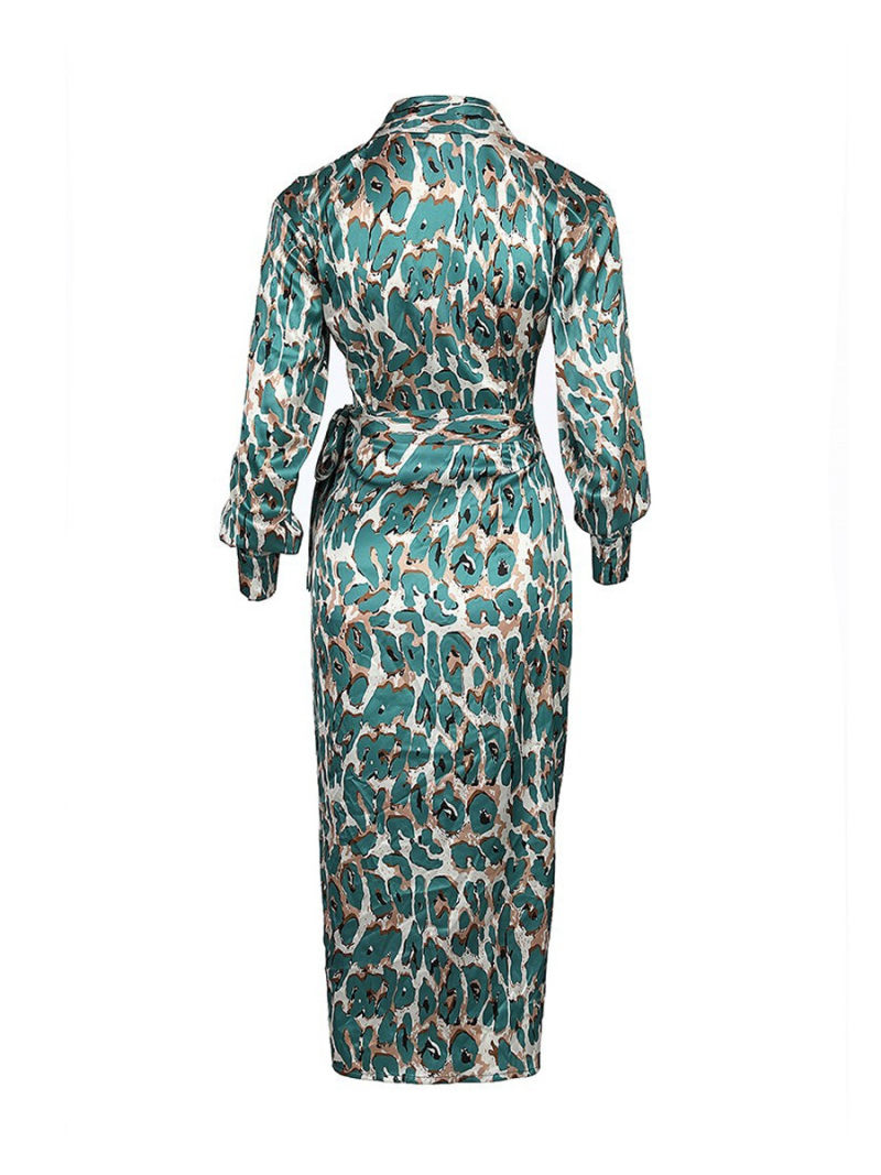 Allover Animal Print  Collared  Waist  Belted  Split Side Shirt Dress