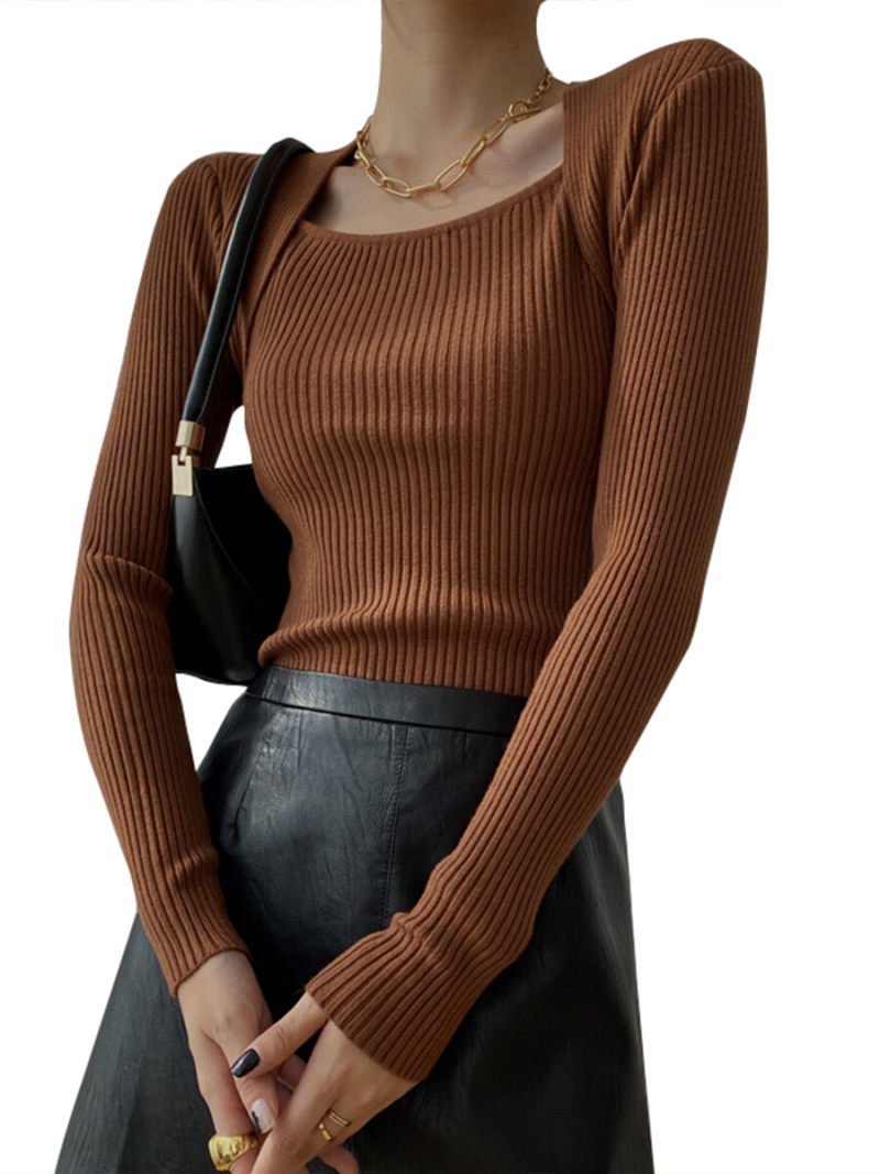 Square Neck Long Sleeves Slim Knitted Tunic