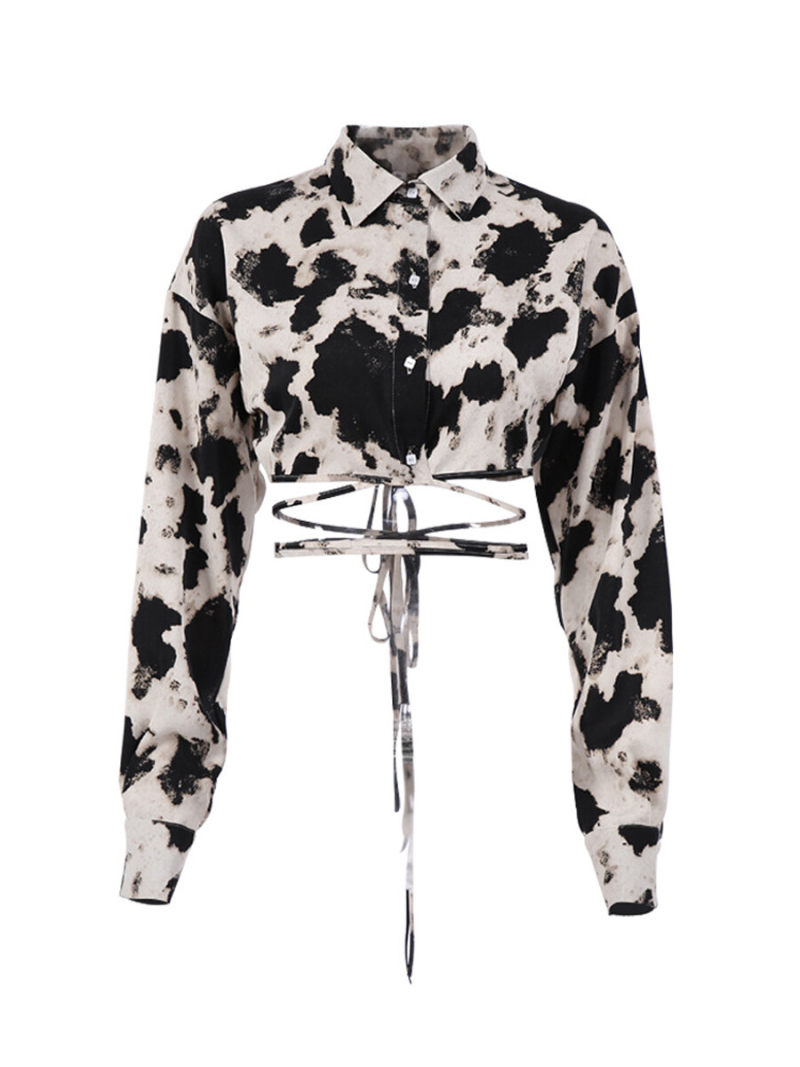 Printed Collar Button Through Tie Detail Long Sleevs Hourglass Blouse