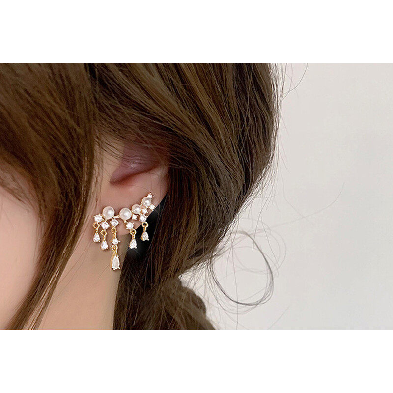 S925 hoop pearl earrings with crystal drop