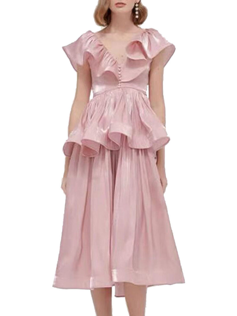 V-Neck With Frills Details Maxi Dress