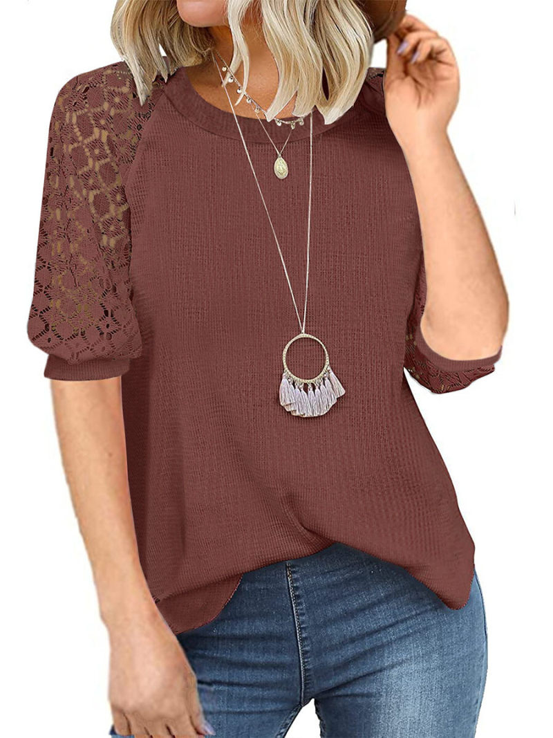 Waffle lace stitching round collar short sleeve T-shirt