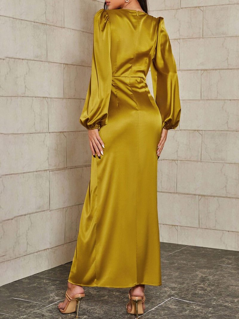 V-neck Split Thigh Blouson Sleeves  Ruched Chest Satin Maxi Dress