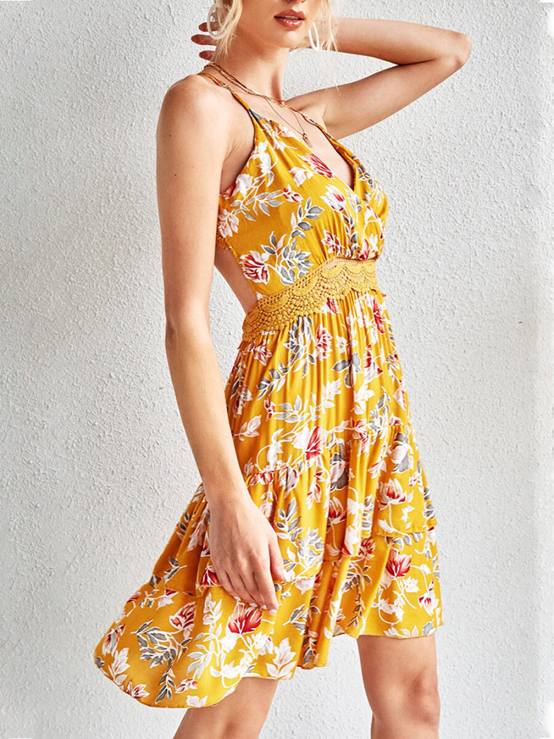 Floral Print V-neck  Backless Lace inserts Mini Dress