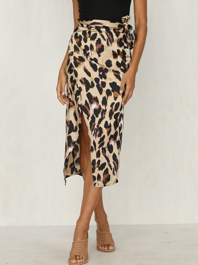 Leopard Print Split Side Mide Skirt