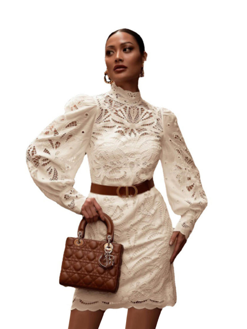 Floral Lace Stand Neck Lanter Sleeves  Mini Dress  With  Wrap Belted