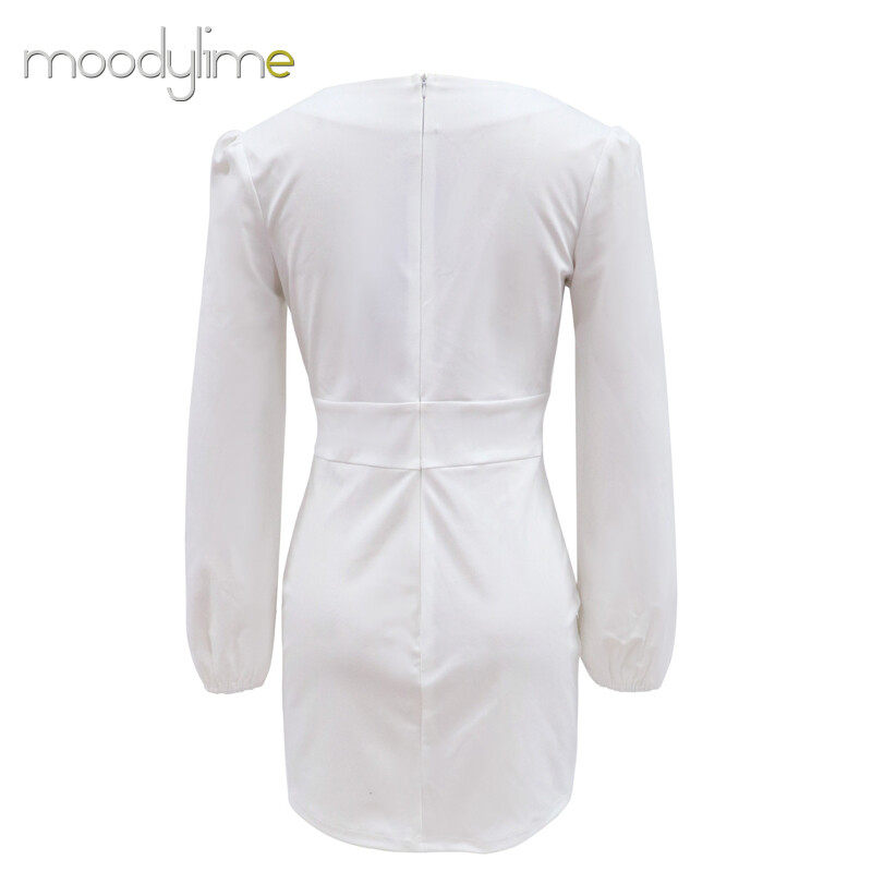 Solid V neck Lantern Sleeves Mini  Dress