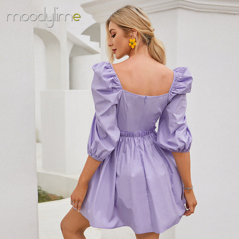 Solid V neck Puff Sleeves Mini  Dress
