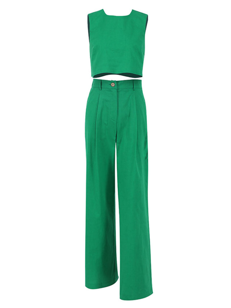 Pure color round collar vest two-piece outfit