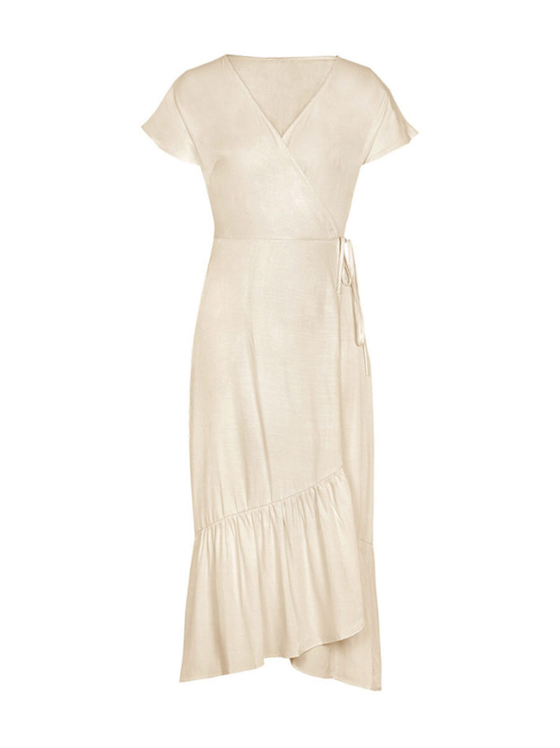 Sold V-neck Side   Split  Drape Sleeves Drawstring Waist  Mide  Dress