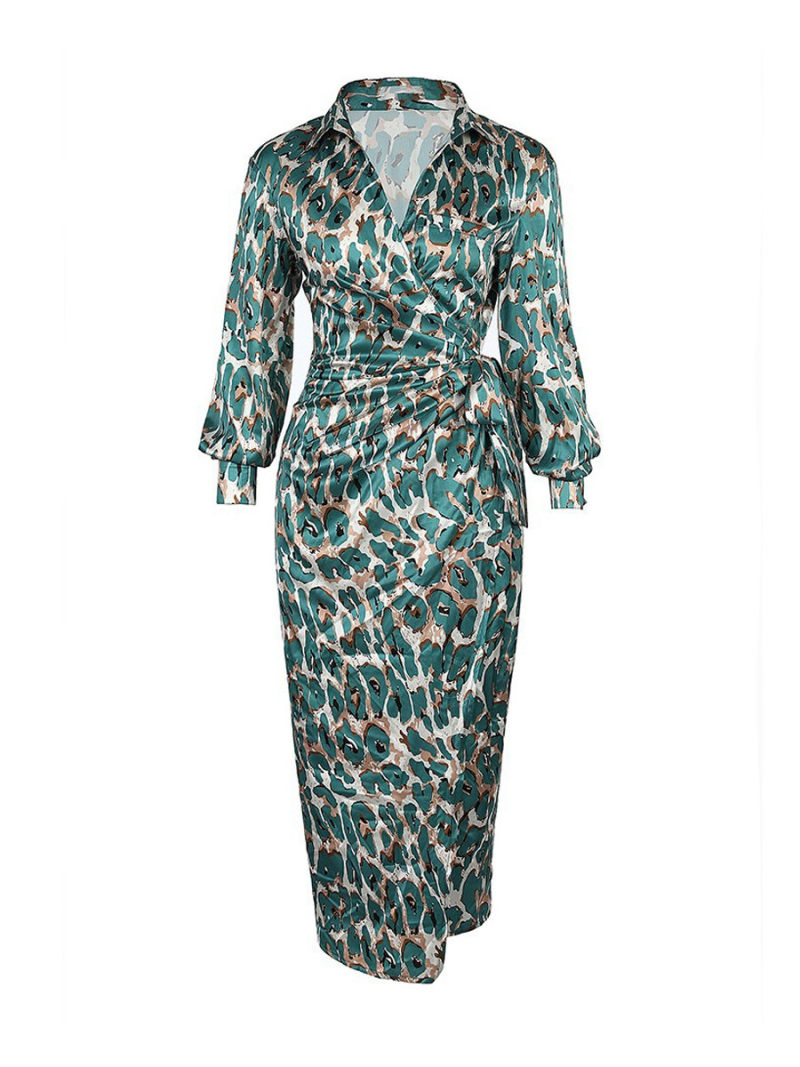 Allover Animal Print  Collared  Waist  Belted  Split Side Shirt Dress