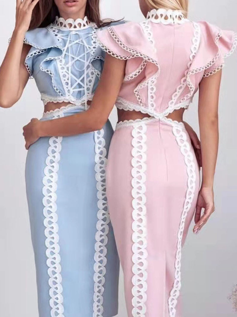 High Neck Cut Out Waist Maxi Dress With Lace Details