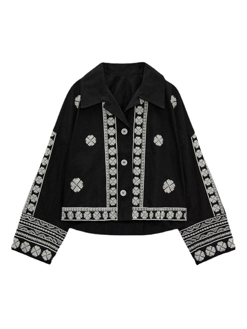 Embroidery black denim jacket coat
