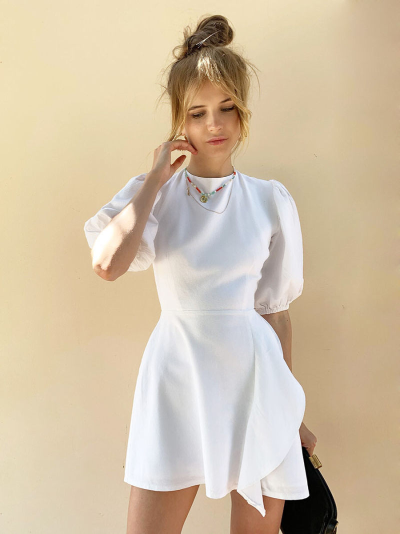 Crew Neck Backless Mini Dress With Tie Details On Neck