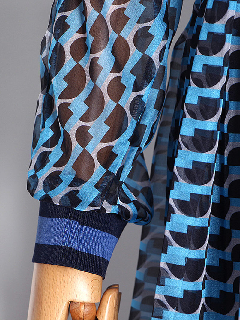 Stand Neck  Cutout Waist Pleated Maxi  Dress With Long Sleeves