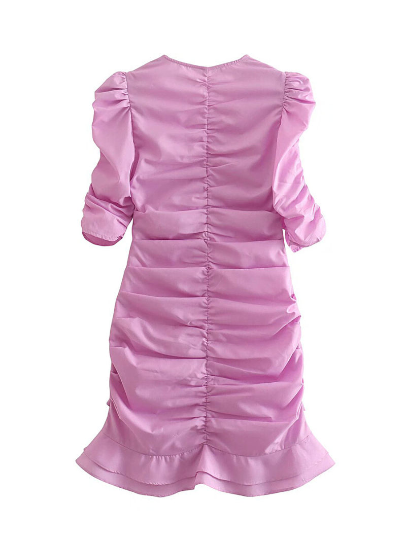 Solid  Pleated Sleeves And Body  Mini  Bodycon Dress