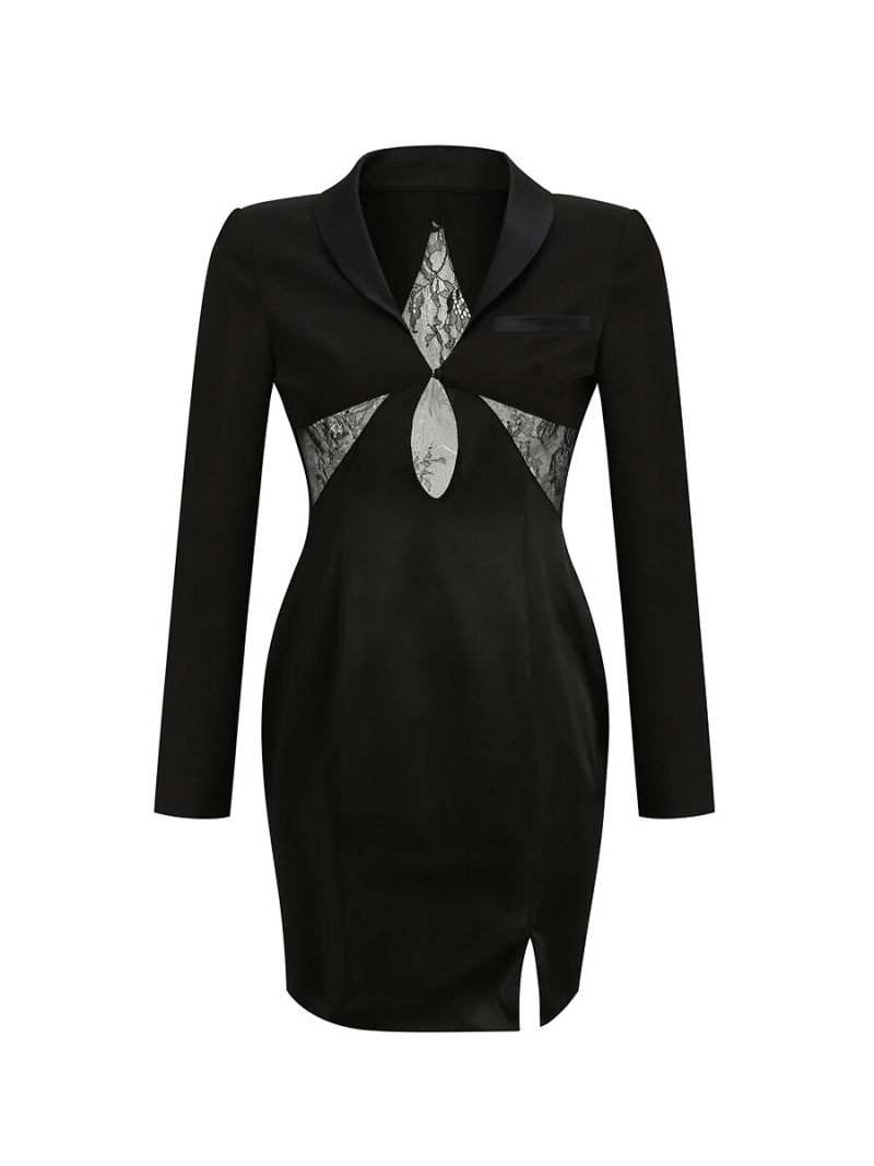 Satin Blazer Mini Dress And Back Open With Lace Inserts