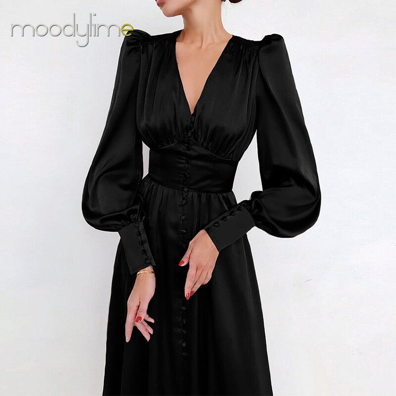 V-neck Lantern Sleeves Ruched Waist Maxi Dress