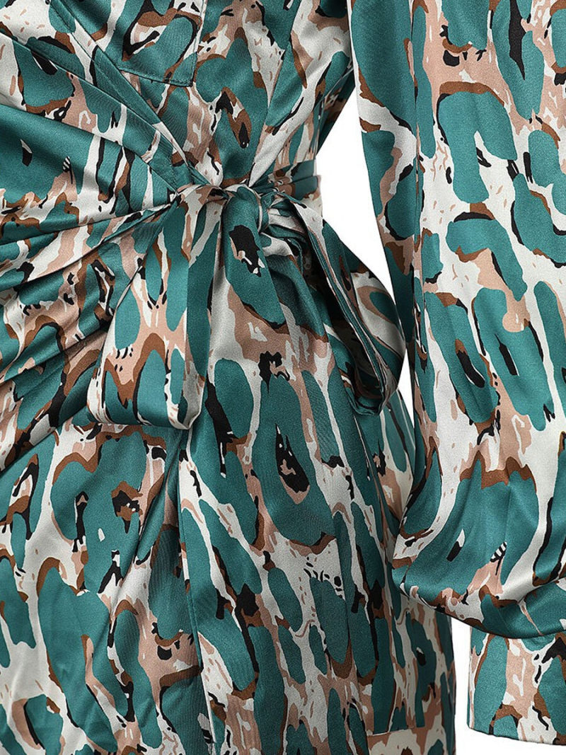 Allover Animal Print  Collared  Waist  Belted  Split Side Shirt Dress