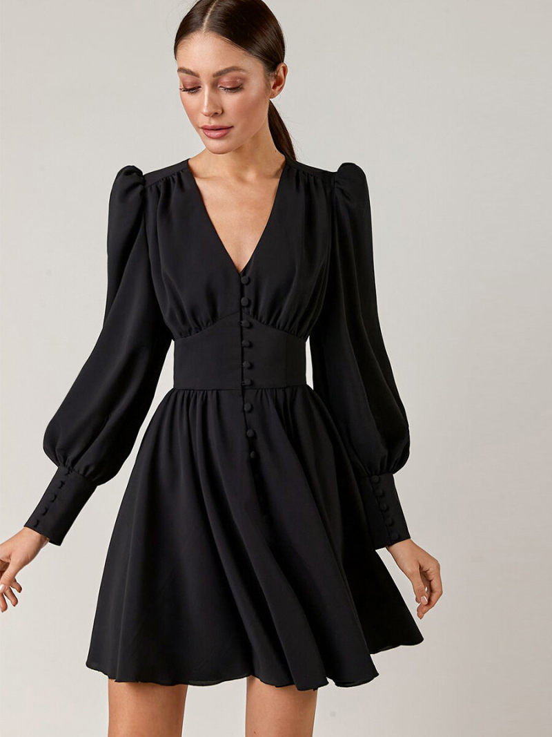 Solid V-neck Lanter  Sleeves Button Through   A-line   Mini  Dress