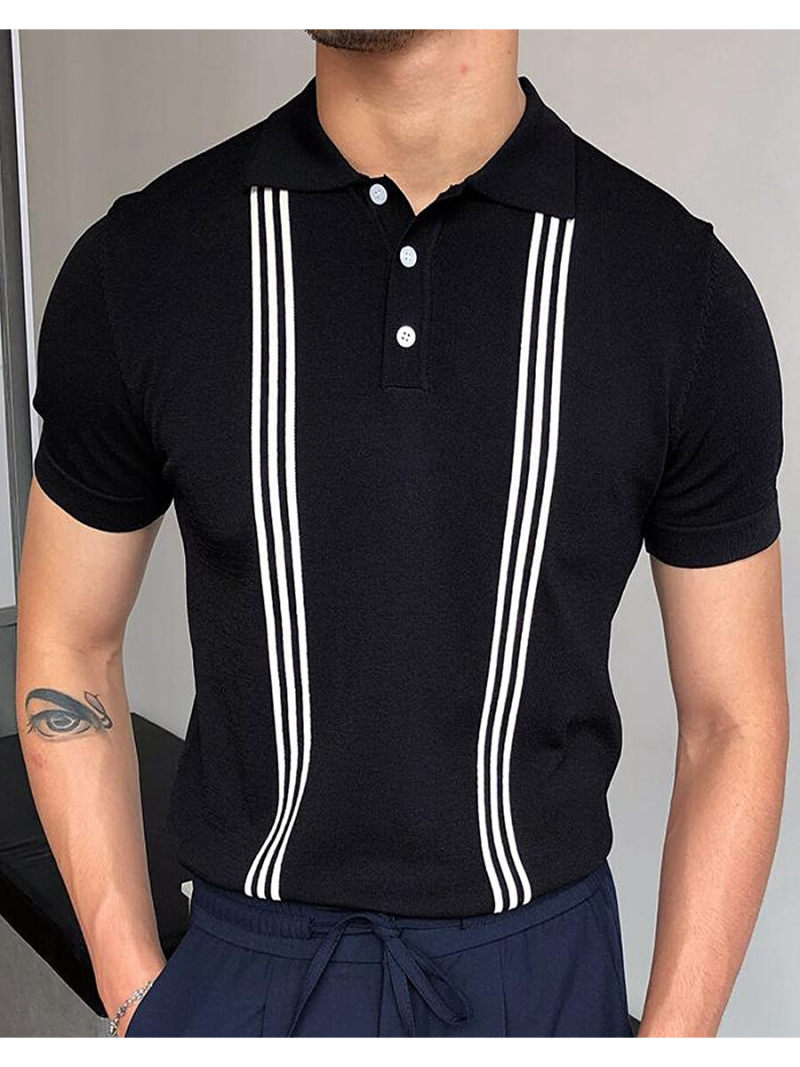 Polo With Printed Two Line Stripe On Front