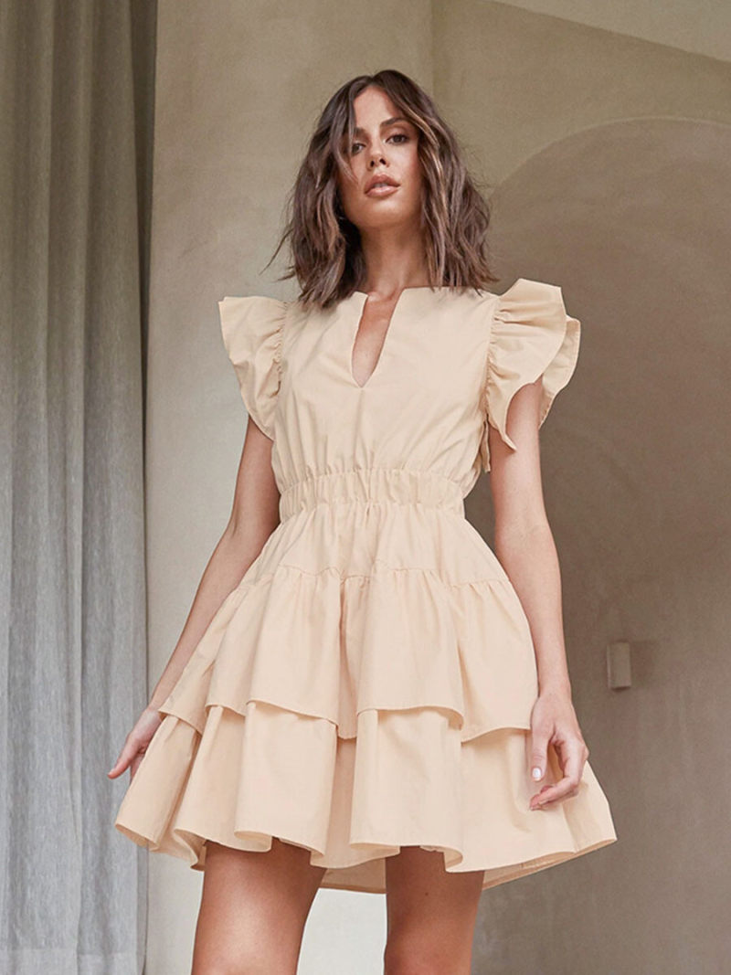 Fly sleeve pure color cotton dress