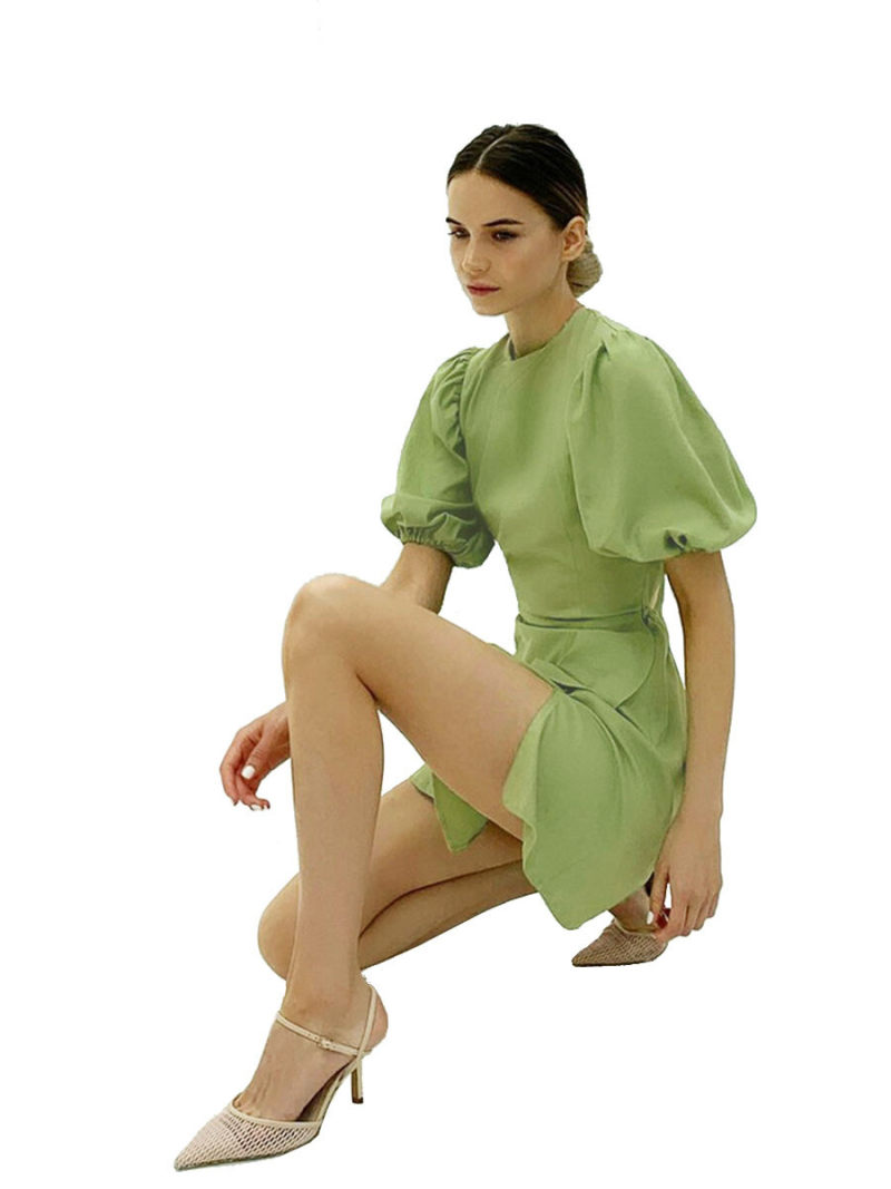 Crew Neck Backless Mini Dress With Tie Details On Neck