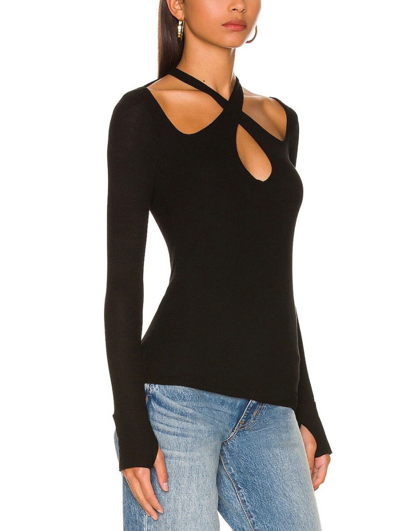 Hollow out hanging neck long sleeve T-shirt