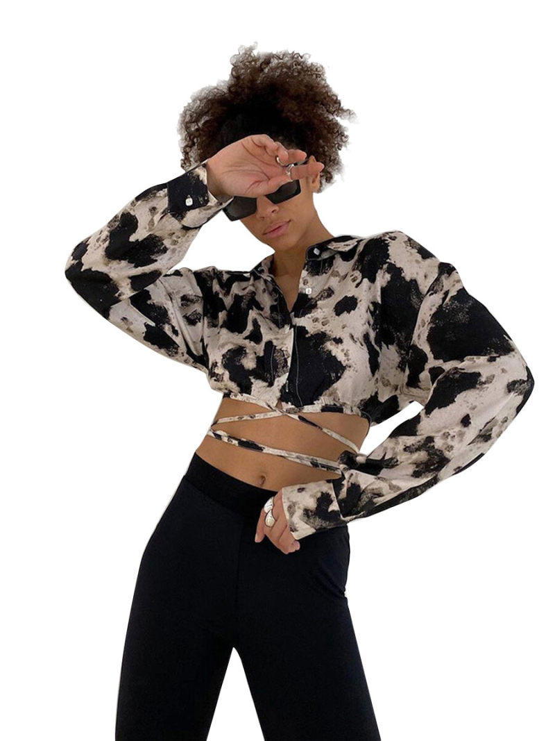 Printed Collar Button Through Tie Detail Long Sleevs Hourglass Blouse