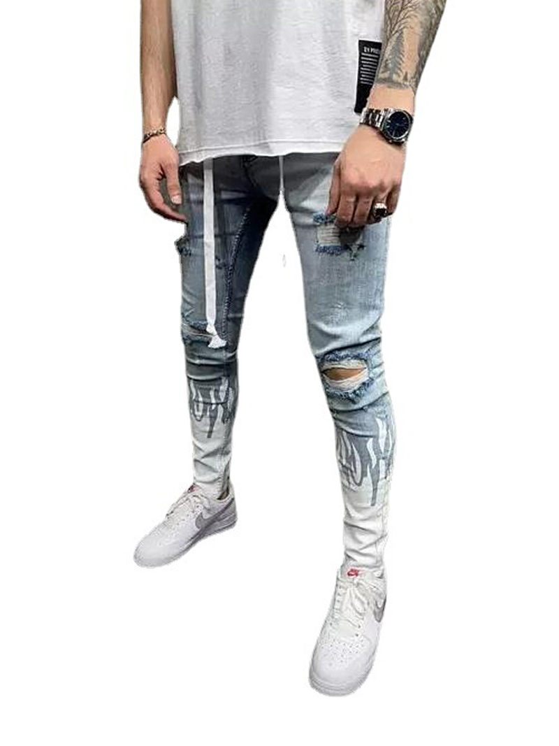 Skinny Jeans In Flat Mid Wash blue With Tie Details