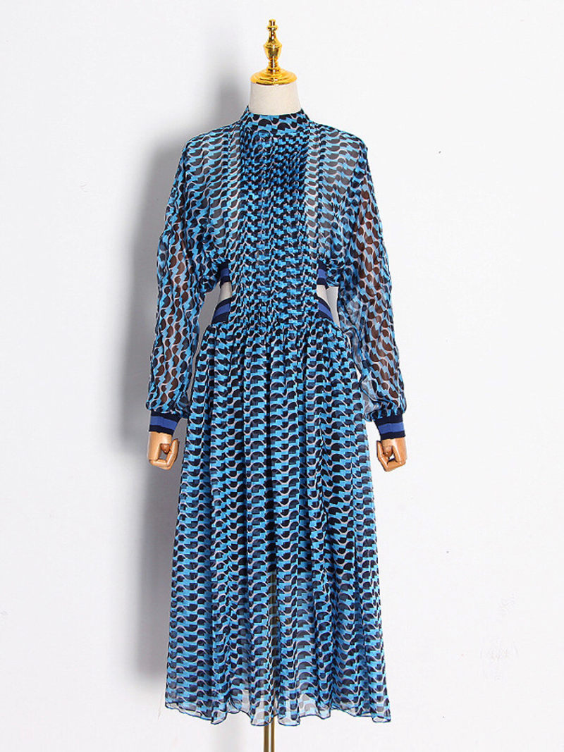 Stand Neck  Cutout Waist Pleated Maxi  Dress With Long Sleeves