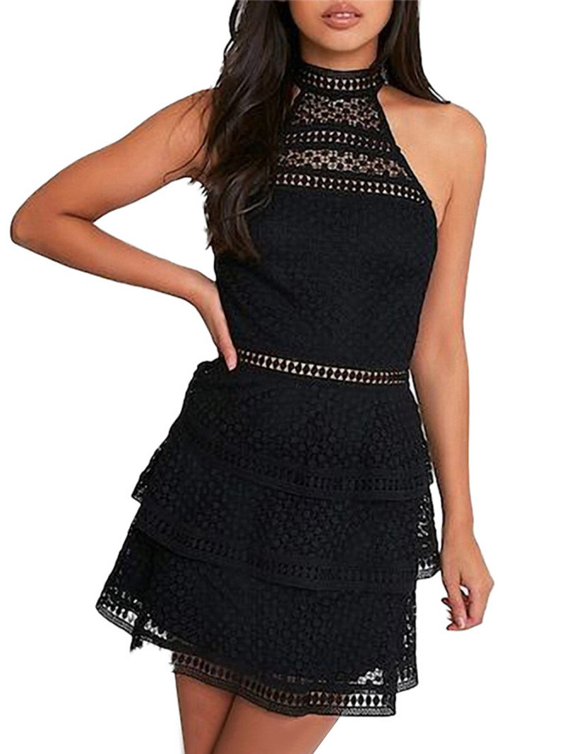 Tiered Lace Mini Dress Writh Contrast Lace Trim Detail
