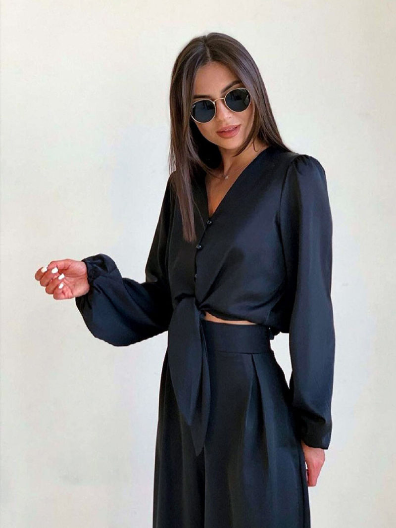 Ice silk satin leisure shirt trousers two-piece outfit