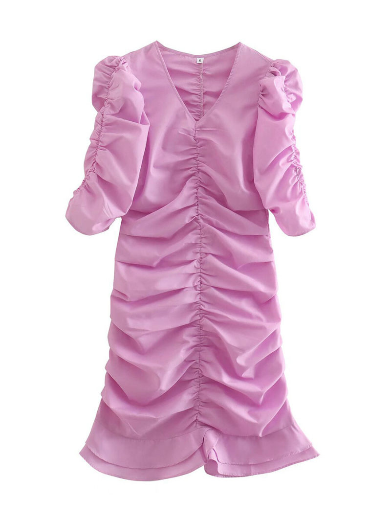 Solid  Pleated Sleeves And Body  Mini  Bodycon Dress