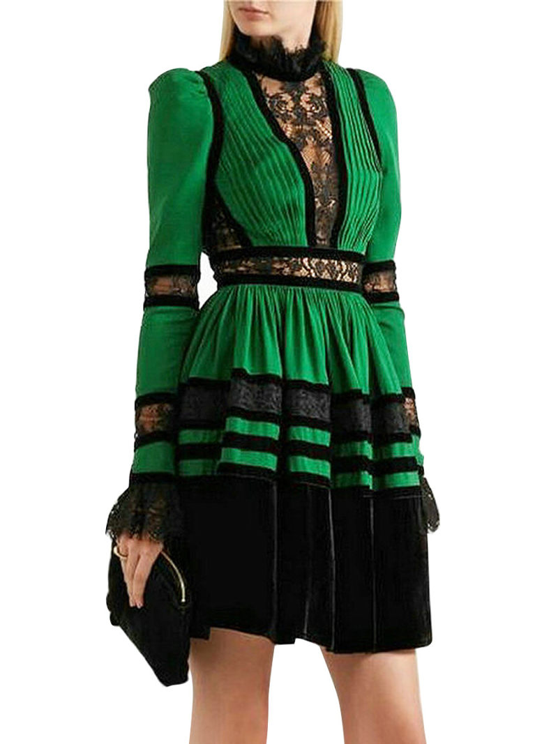 Stand Neck Lace Inserts Velvet Hem Mini  Dress