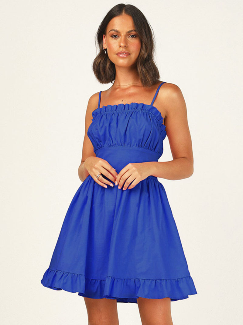 Swiss Dot Shirred Frill Trim Crisscross Backless Cami Dress