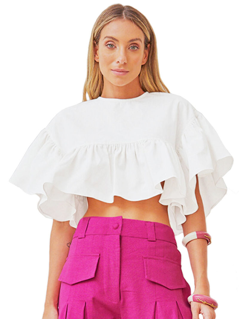 Crew Neck Frill Sleeves Crop Top