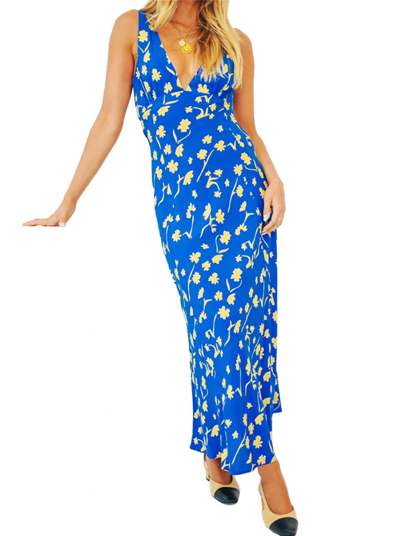 Allover Floral Print Draped Criss Cross Tie Backless Dress