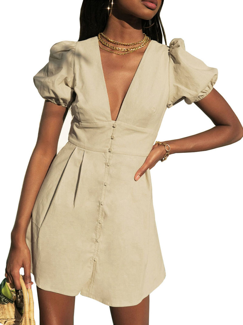 V-neck Button On Front Mini Dress