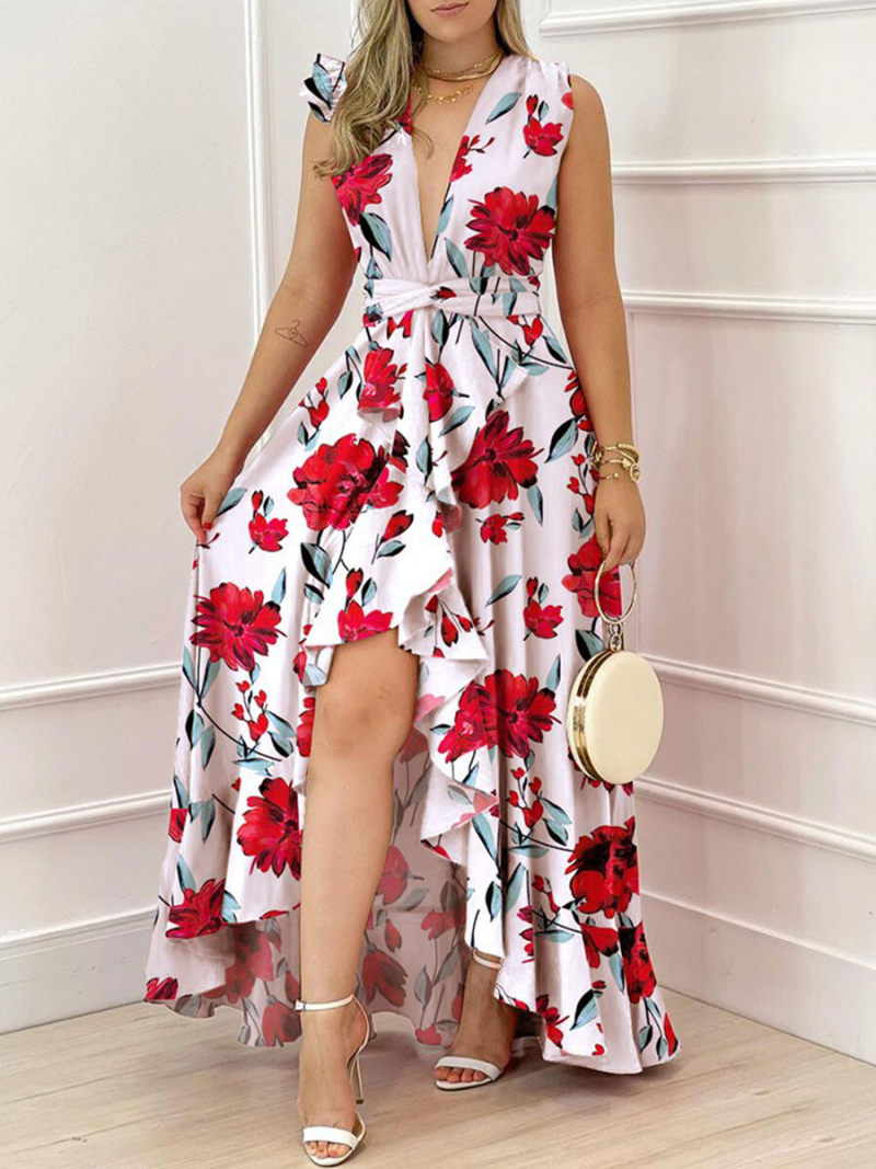 Floral Ruffle Hem Wrap Maxi  Dress