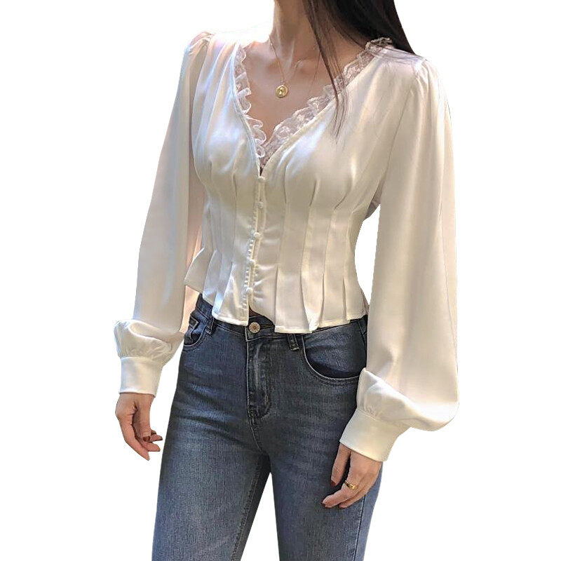 Silod V-neck Long Sleeves Lace Details  Blouse