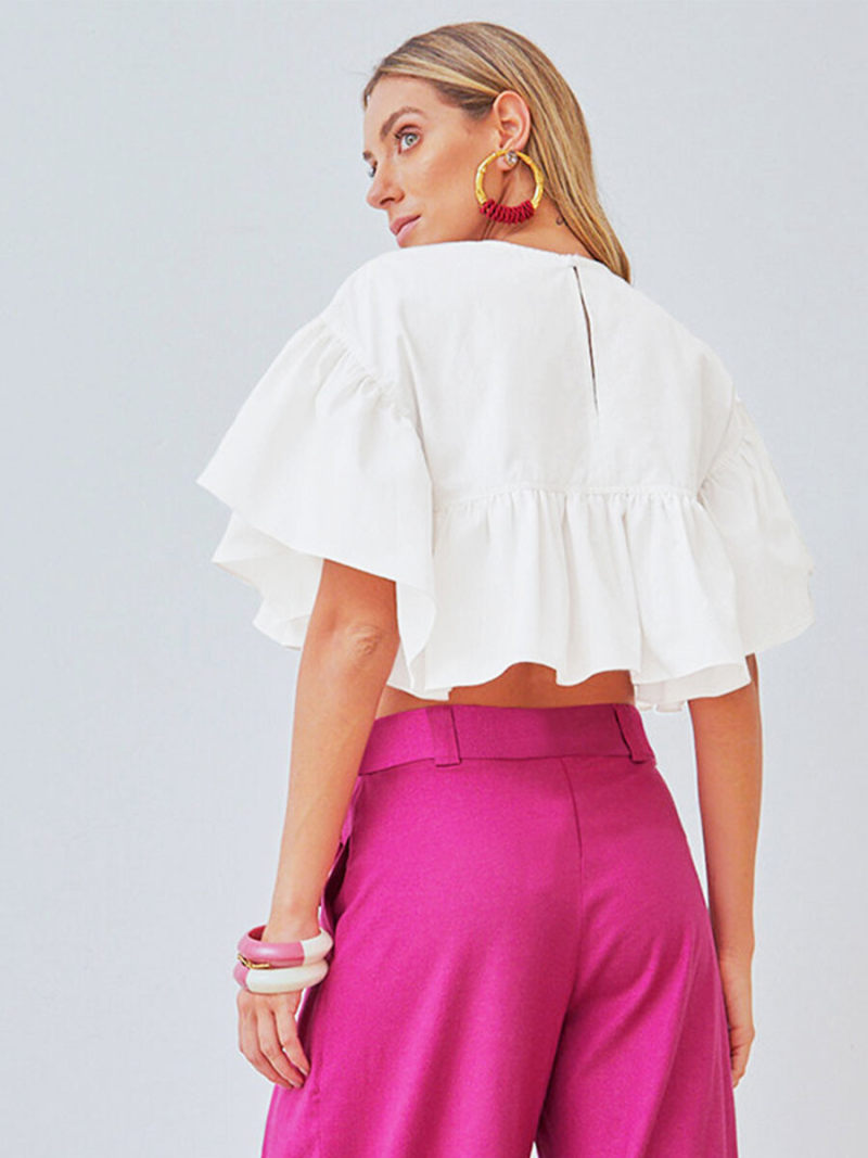 Crew Neck Frill Sleeves Crop Top