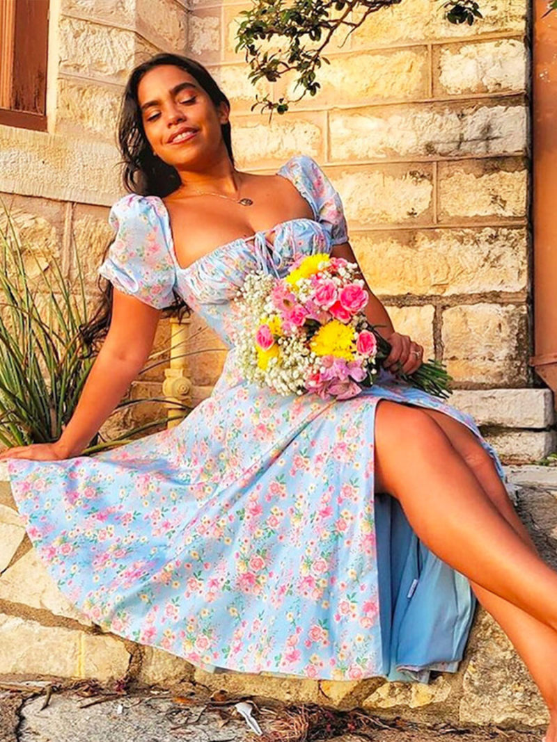 Allover Floral Knot Split Thigh A-line Dress