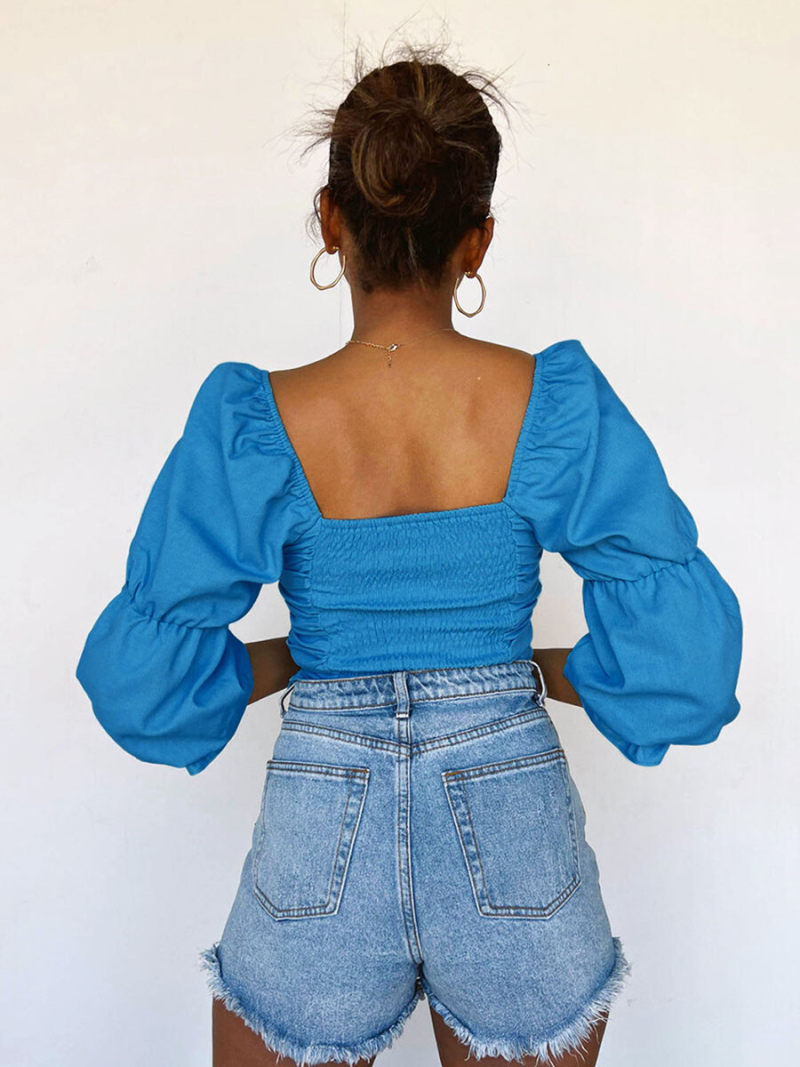 Square Neck  Ruched Body And Lantern Sleeves  Blouse