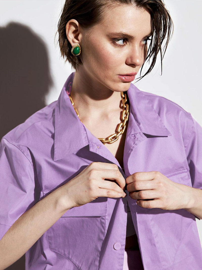 Collar Neck Short Sleeves Blouse