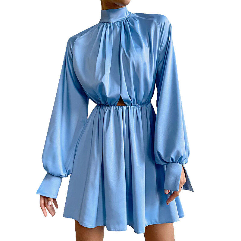 The blue color satin dress