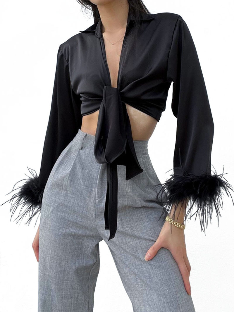 Deep V-neck Long Sleeves Blouse  With Fur On Cuff