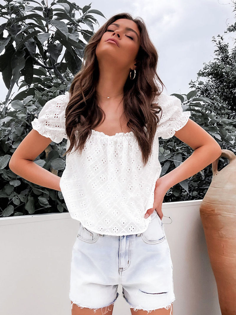 Square Neck  Ruched  Sleeves  Blouse