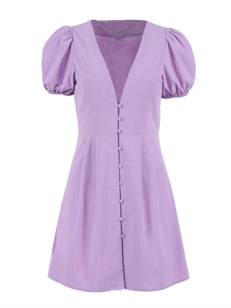 V-neck Button On Front Mini Dress